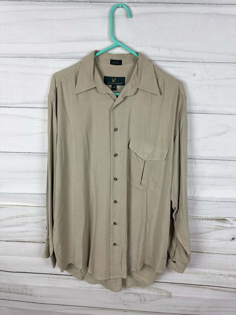 Lyle & Scott 100% Silk Long Sleeve Button Down Shirt Tan Size M